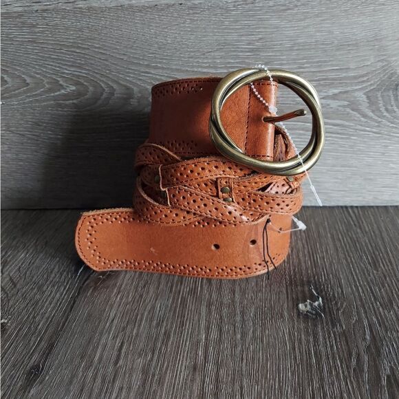 NEW Brown Woven Braided Perforated Leather Belt Stud Detail Size Large - Picture 3 of 7
